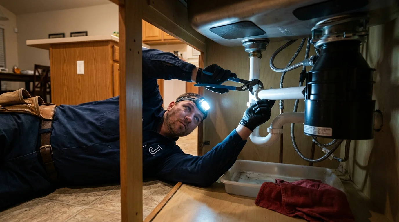 P-trap and supply line connections under a kitchen sink showing a common leak point in Easton, MD